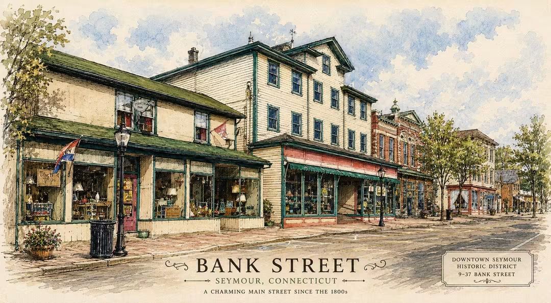 Watercolor illustration of Bank Street in downtown Seymour